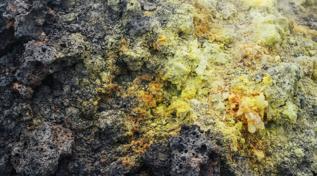 A dramatic geological gradient background featuring charcoal gray, volcanic ash, and vibrant sulfur yellow tones. High-density grainy noise effect with a rough, pumice stone and basalt texture. Acidic