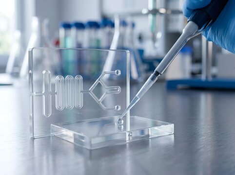 Close-up of pipette dispensing liquid into microfluidic biochip in modern laboratory environment