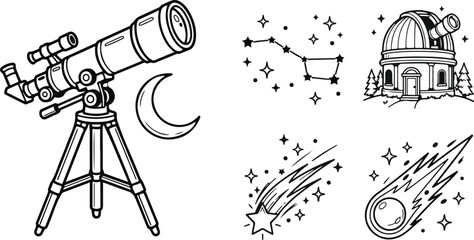 Astronomy set with telescope observatory constellation and shooting stars © MdAbulkalam