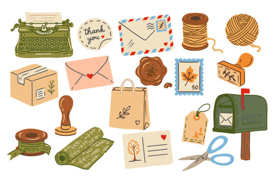 Vector vintage collection of autumn-themed envelopes, letters, and postage stamps for your design.  Hand drawn illustrations.