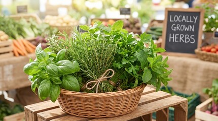 Naklejka premium Fresh basil and herbs at a local farmers market, organic ingredients, healthy cooking, natural produce, farm to table.