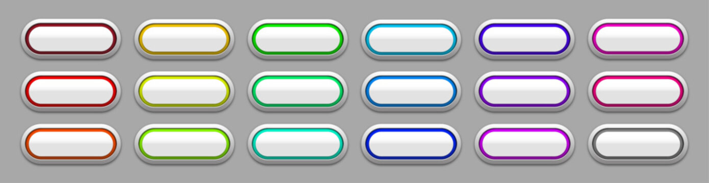 Glossy White Capsule UI Buttons with Multi Colored Metallic Borders for Web and Game Design, Editable AI file
