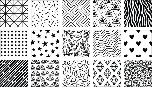 Black and White Abstract Geometric Pattern Vector Set with Hand Drawn Shapes, Lines, Leaves, Stars, Hearts, and Waves for Scrapbook Textile Swatches