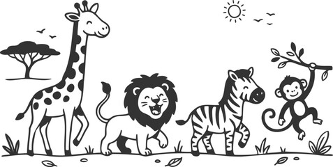Cute safari animals in simple line art style © Vecto_Pixels