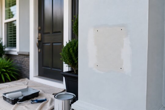 Exterior house painting with tools and paint on a residential porch