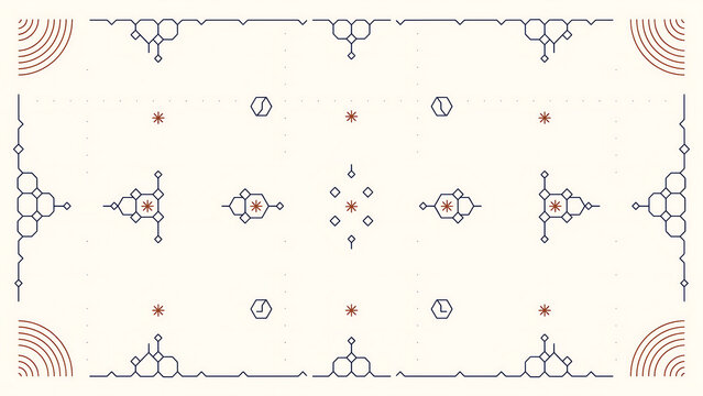 Geometric border frame with blue molecular structures and red arcs isolated on a transparent background