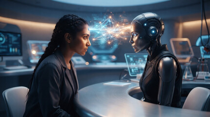 Fototapeta premium A close-up shot of a human scientist and a sleek humanoid android sitting opposite each other. Their foreheads are connected by a glowing, intricate web of holographic neural light beams. Soft blue an