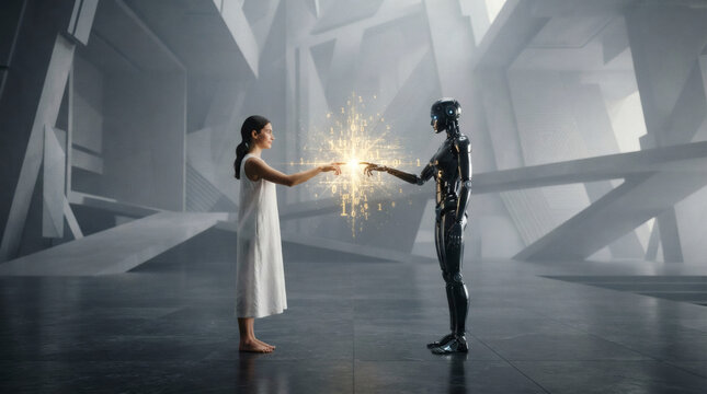 A wide minimalist scene where a human woman in a simple white dress and a black chrome robotic entity are reaching out to touch fingertips. A vibrant pulse of golden binary code and data particles