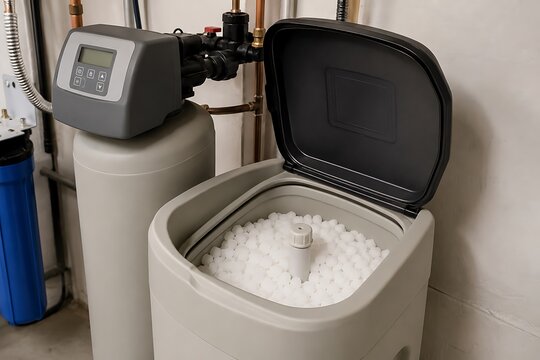 Water softener system with open salt tank