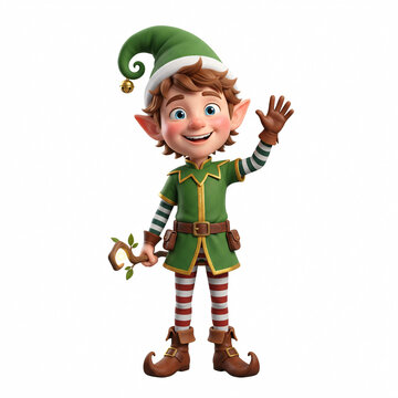 Petit lutin de No&euml;l souriant saluant en illustration 3D