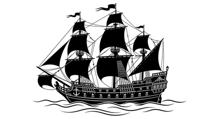 Black silhouette of a sailing ship on white background © adobeamena