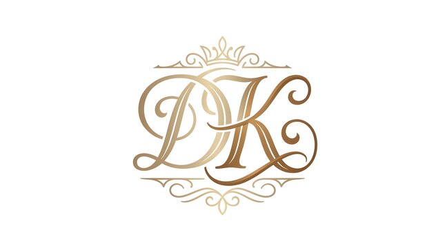 Elegant luxury monogram logo design with interconnected letters DK with decorative vintage frame and crown