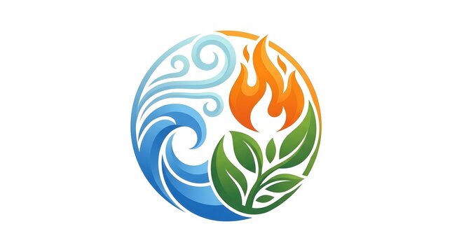 Abstract logo icon representing the four elements of nature including fire, water, wind, and earth leaves arranged in a circular composition