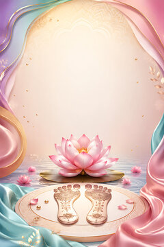 Elegant lotus and sacred footprints background for guru purnima celebration hindu religious festival spiritual banner with pastel silk drapes and serene water reflections