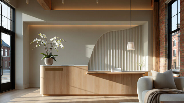 Wide shot of a medspa entrance foyer with a white oak reception counter and decorative plant