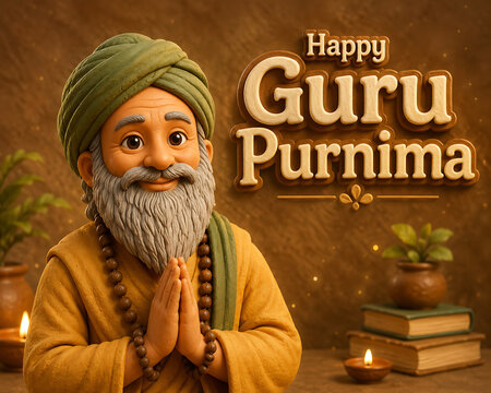 Adorable guru purnima hindu religious festival clay style spiritual teacher character with folded hands and warm greeting illustration background artwork design template concept