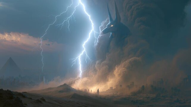 Anubis emerges from storm clouds over the pyramids with lightning flashing in the sky