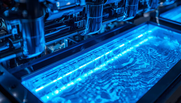 Advanced liquid cooling system with blue fluid circulating in transparent tubes of supercomputer, created with generative ai