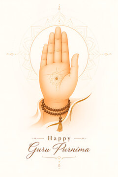 Minimal guru purnima blessing hand symbol with elegant mandala for hindu religious festival greeting card background artwork illustration design spiritual concept template vector