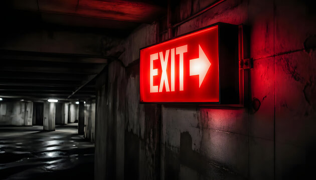 Illuminated EXIT sign glows with a red neon glow, contrasting against aged, stained walls and wet, reflective flooring, created with generative ai