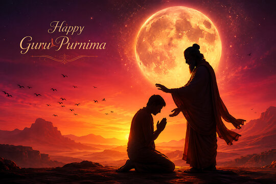 Celebrating guru purnima with spiritual teacher blessing disciple under glowing full moon during hindu religious festival artwork illustration for greeting card background design