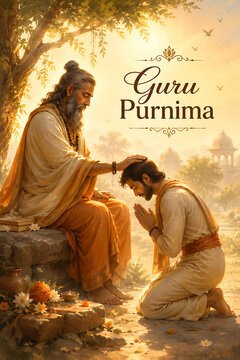 Peaceful scene of guru blessing disciple during guru purnima celebration for hindu religious festival with spiritual devotion and traditional indian culture artwork illustration
