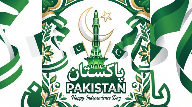 Green Minar‑e‑Pakistan monument with crescent and star, text &ldquo;Pakistan&rdquo; in Urdu and English, &ldquo;Happy Independence Day&rdquo; below, patriotic symbolic composition in national colors on white background.
