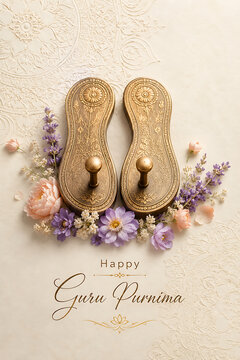 Decorative sacred footprints with floral arrangement for guru purnima celebration hindu religious festival elegant greeting background with lavender flowers and embossed patterns artwork