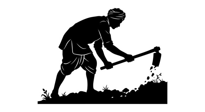 Farmer with sickle silhouette against a white background