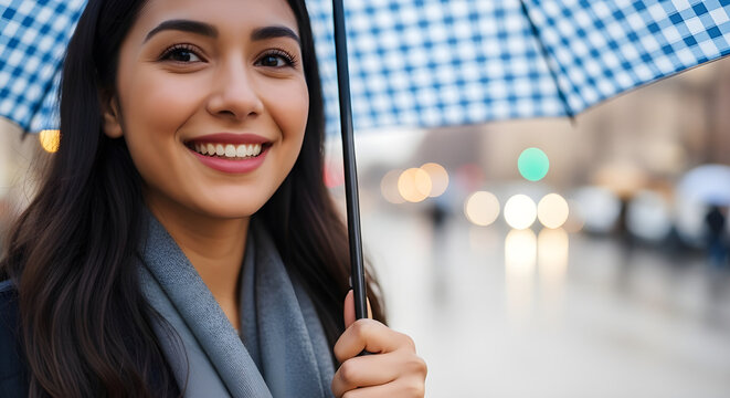 Woman walking with umbrella on rainy city day urban lifestyle wet streets atmospheric scene and daily routine in modern city.