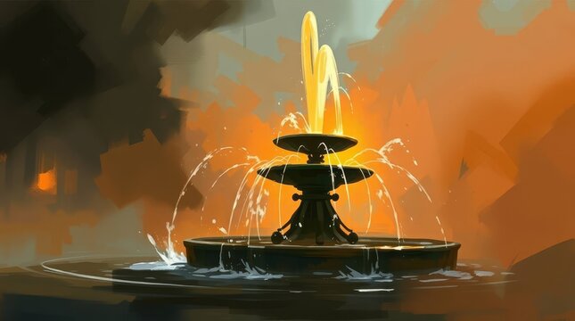 Loose digital sketch of a stone fountain splashing water under warm orange light