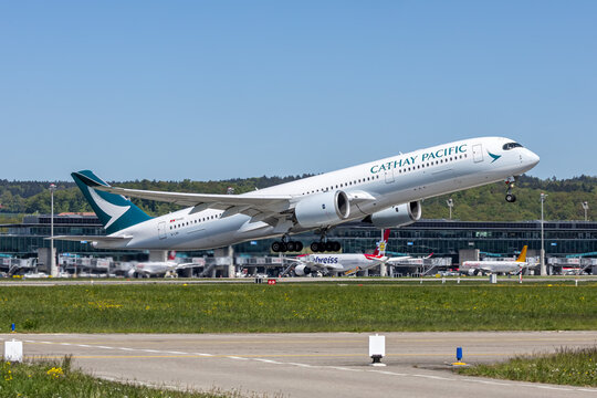 Cathay Pacific Airbus A350-900 airplane at Zurich airport in Switzerland