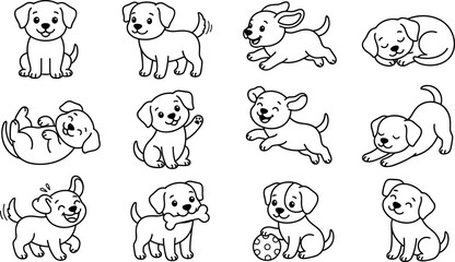 Obraz premium Cute Puppy Dog Cartoon Character Collection Featuring Playing Running Sleeping Sitting Happy Pet Poses and Adorable Canine Illustrations
