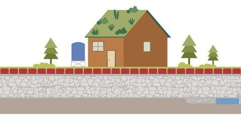 Crosssection of a house with a tree and water tank on the roof  underground water © Maru