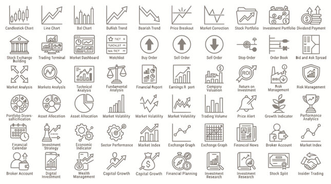 Finance and stock market trading outline icon set for business analysis financial charts.