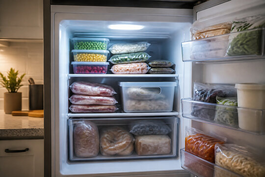A well-stocked, modern refrigerator interior displaying various frozen and fresh food items.