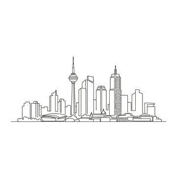 Minimalist continuous line art of the Toronto city skyline featuring the CN Tower.