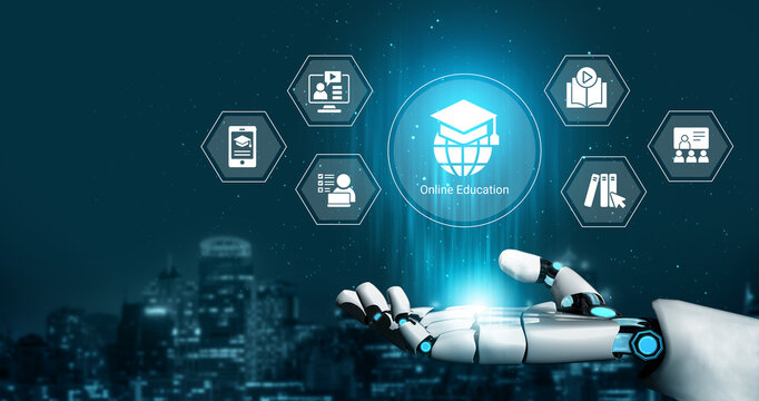 A robotic hand reaches out to digital icons representing online education, showcasing innovation and technology in a modern urban environment, highlighting learning possibilities. Cyphers