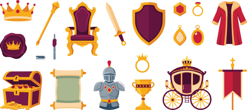 Royal and medieval themed cartoon illustration elements on white background  crowns swords shields