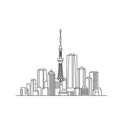 Obraz premium Minimalist continuous line drawing of Tokyo cityscape with Skytree tower.