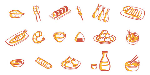 Various types of sushi and japanese food on plates and skewers illustration © Maru