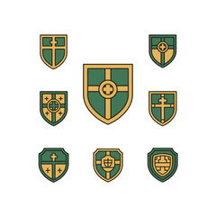 Collection of ornate heraldic shield emblems with crosses.