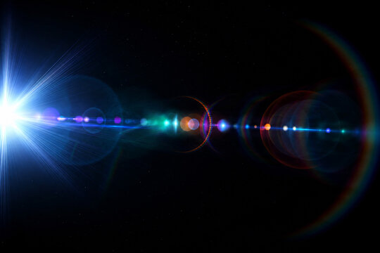 Cosmic flare with blue starburst and rainbow light leaks for cinematic science fiction background.