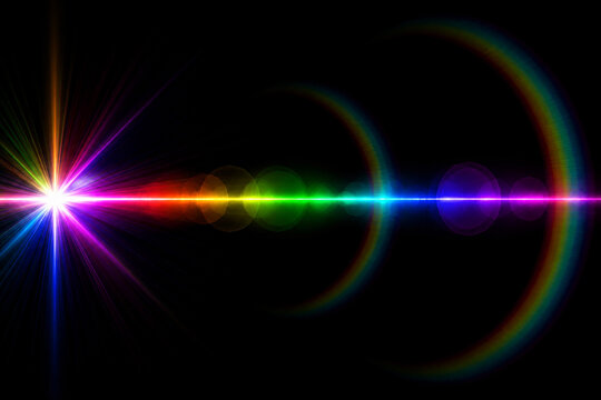 Rainbow lens flare effect with anamorphic light streak and iridescent starburst on black background.