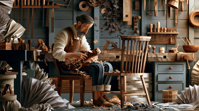 Paper crafted carpenter making a wooden chair in a traditional workshop with tools on the walls and wood shavings moodfully handmade illustration
