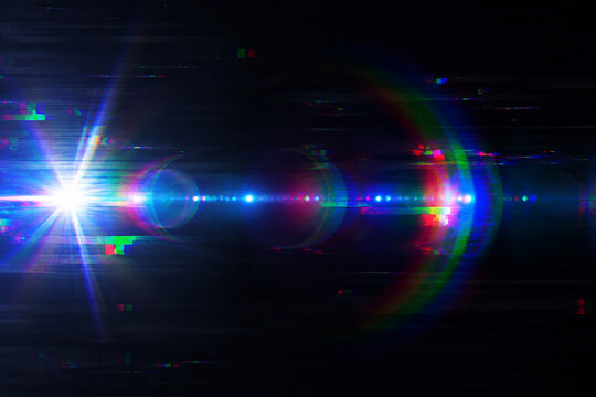 Abstract digital lens flare with rainbow light streak and glitch artifact texture overlay.