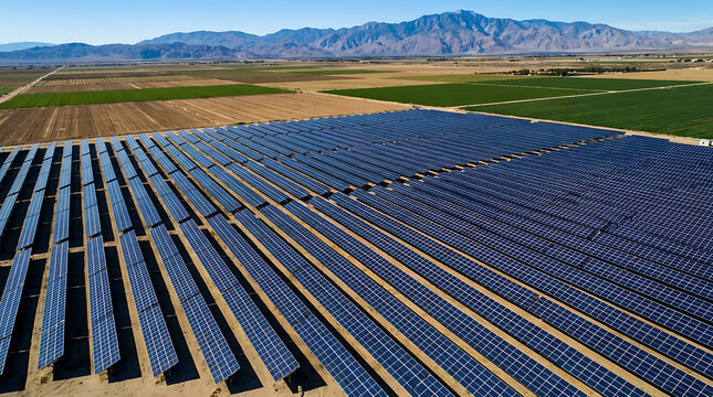 Aerial view of large solar farm producing renewable energy in a vast desert landscape