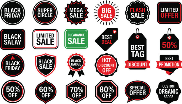 Collection of various sale and discount badges and labels for marketing and advertising purposes