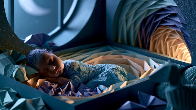 Newborn baby sleeping in a nursery, papercraft paper moonlight shining through the window over a layered crib with toys in a calm handcrafted scene
