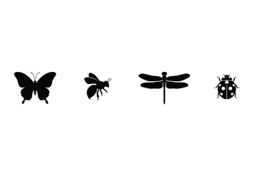 Insect and bug set featuring butterfly bee dragonfly and ladybug in black silhouette style isolated on a plain white background © MOKBUL